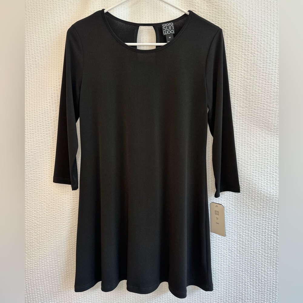 Clara Sunwoo Black Swing Dress 3/4 Sleeve Keyhole Back Travel Knit XS NWT